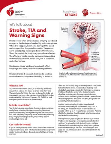 thumbnail image of the Let's Talk About Stroke, TIA and Warning Signs resource