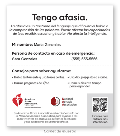 El carnet de afasia con información de contacto de muestra El carnet de afasia con información de contacto de muestra