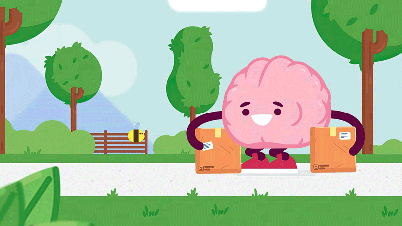 A colorful illustration of a pink brain character with each arm around a cardboard box in a park setting A colorful illustration of a pink brain character with each arm around a cardboard box in a park setting