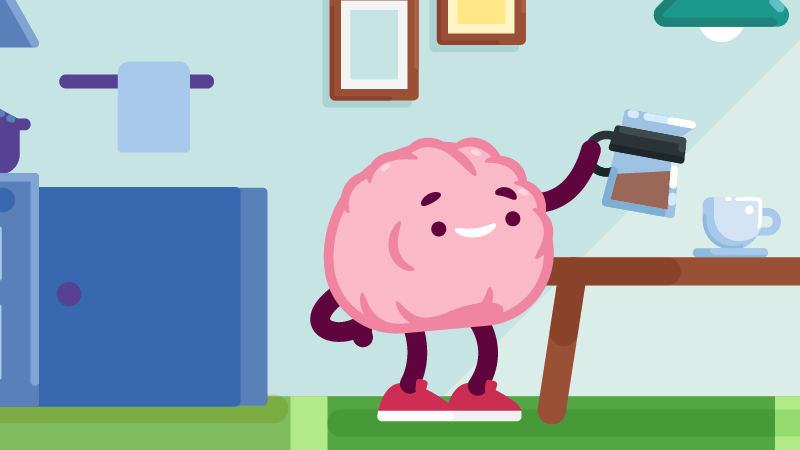 Una colorida ilustración de un personaje cerebral rosa sirviendo una taza de café en una cocina Una colorida ilustración de un personaje cerebral rosa sirviendo una taza de café en una cocina