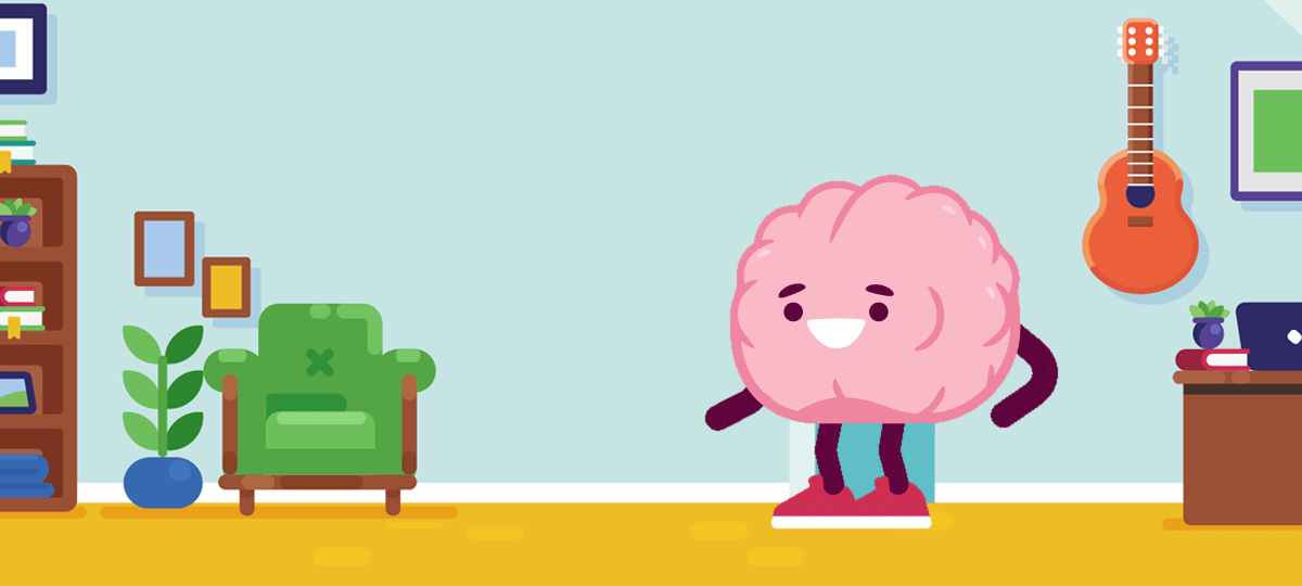 A colorful digital illustration of a pink brain character standing in a living room setting A colorful digital illustration of a pink brain character standing in a living room setting