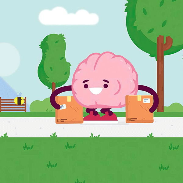 Una colorida ilustración de un personaje cerebral rosa en un parque con una caja de cartón en cada brazo Una colorida ilustración de un personaje cerebral rosa en un parque con una caja de cartón en cada brazo