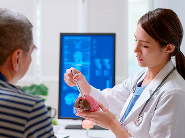 Una joven médica utiliza una maqueta de cerebro en una explicación para un paciente masculino de edad avanzada. Una joven médica utiliza una maqueta de cerebro en una explicación para un paciente masculino de edad avanzada.