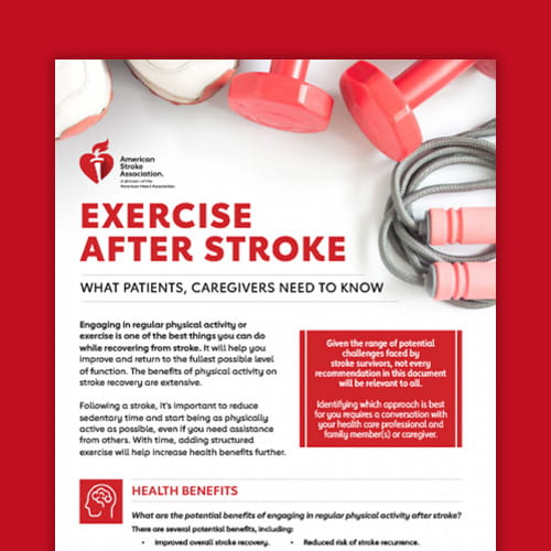 Primera página recortada del PDF "El ejercicio después de un ataque o derrame cerebral" de la American Stroke Association (Asociación Americana del Derrame Cerebral) sobre un fondo rojo Primera página recortada del PDF "El ejercicio después de un ataque o derrame cerebral" de la American Stroke Association (Asociación Americana del Derrame Cerebral) sobre un fondo rojo