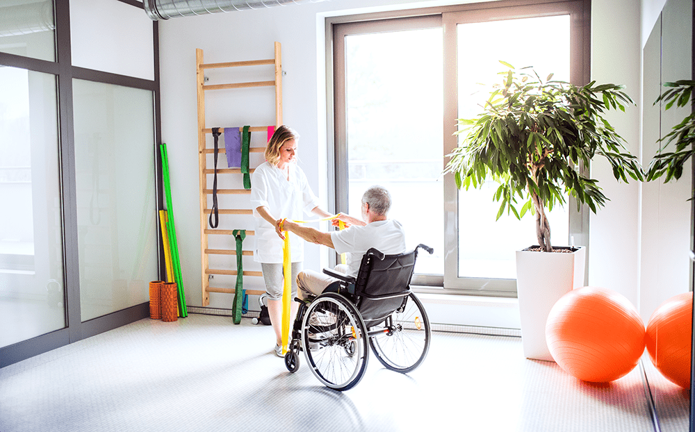 Young woman physiotherapist working with a senior in a wheelchair